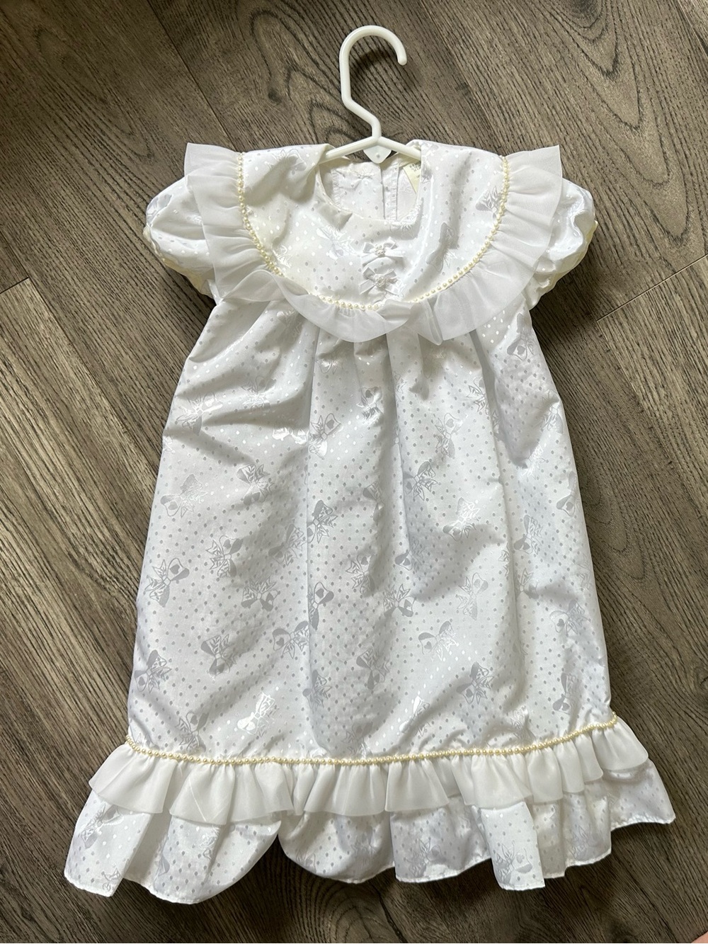 Baptismal dress. White Ruffled Baby Dress with Pearl Trim